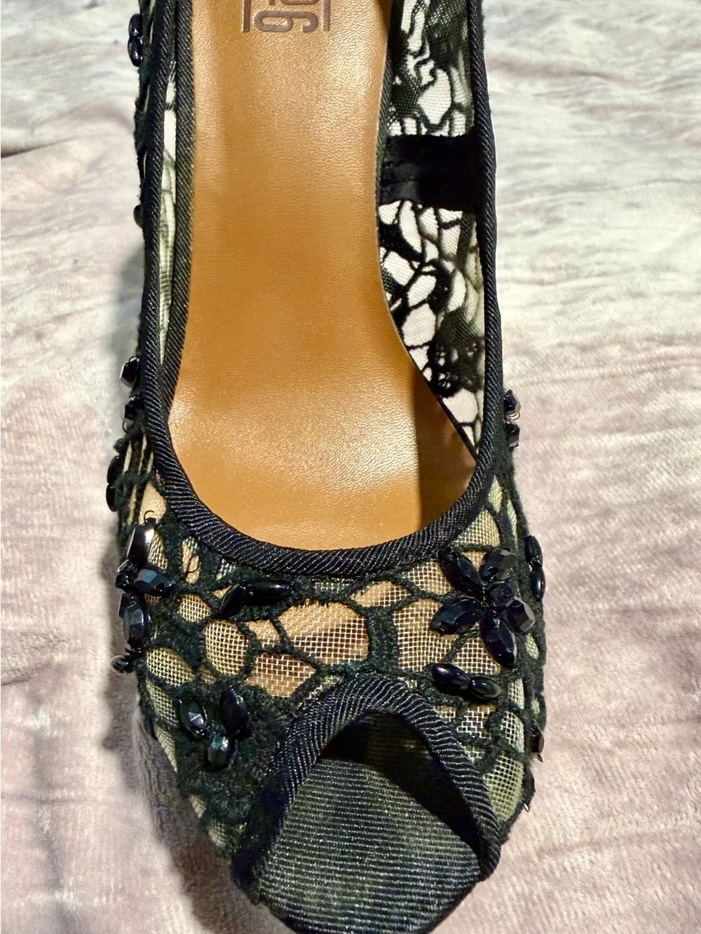 Mix No. 6 Black Lace Peep Toe Heels with Beaded Detail